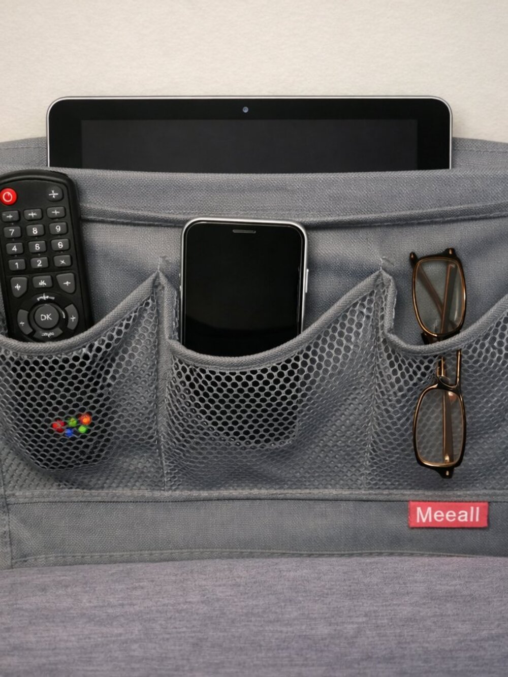 Gray Bedside Organizer with Mesh Pockets — Holds Tablet, Phone, Remote & Glasses